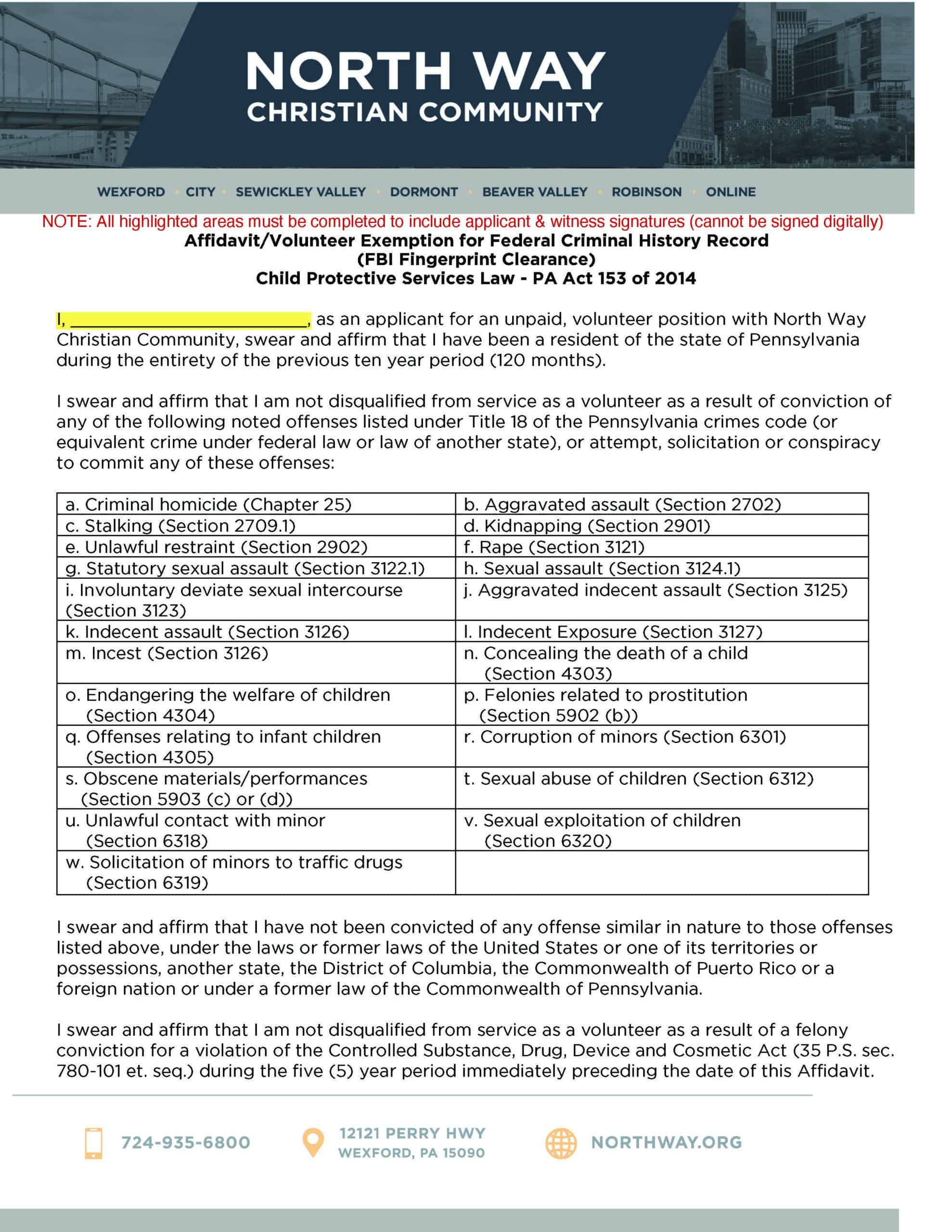 North Way Volunteer Exemption form page 1
