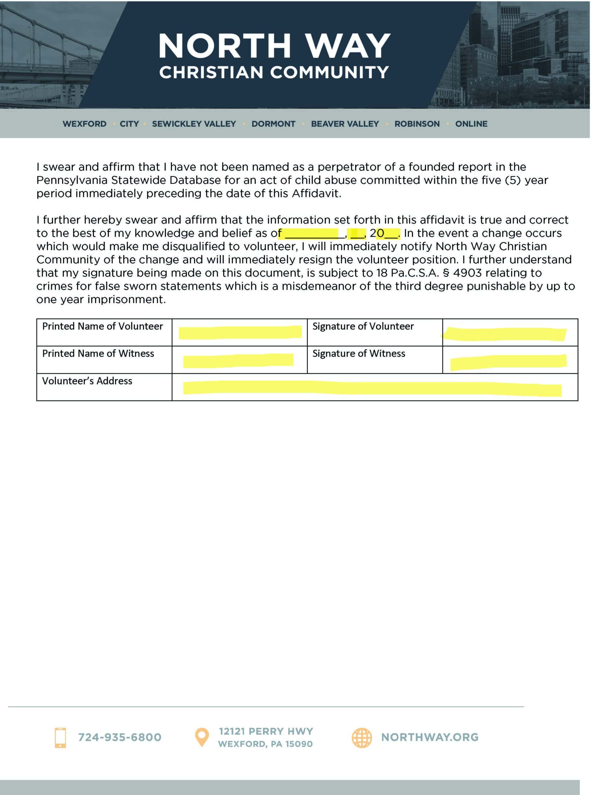 North Way Volunteer Exemption form page 2