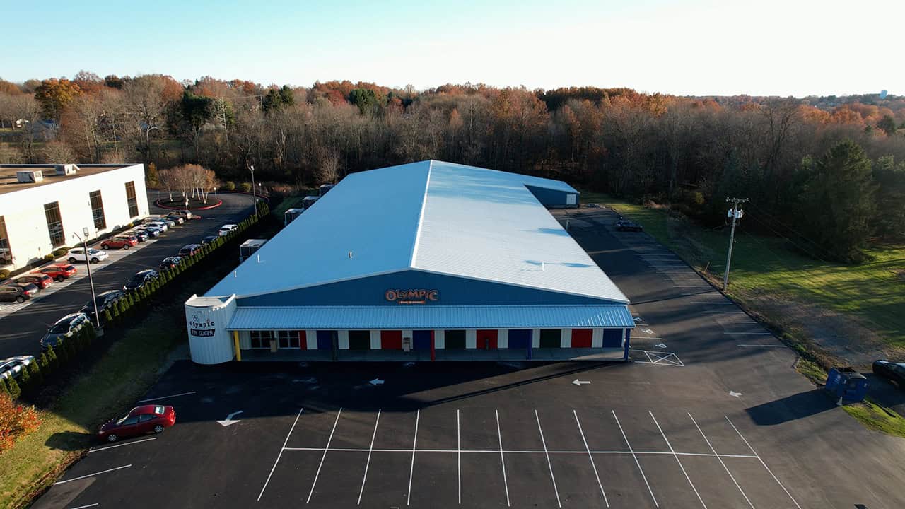 Exterior drone shot of the Hermitage Olympic Fun Center