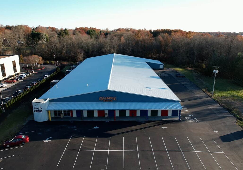 Exterior drone shot of the Hermitage Olympic Fun Center